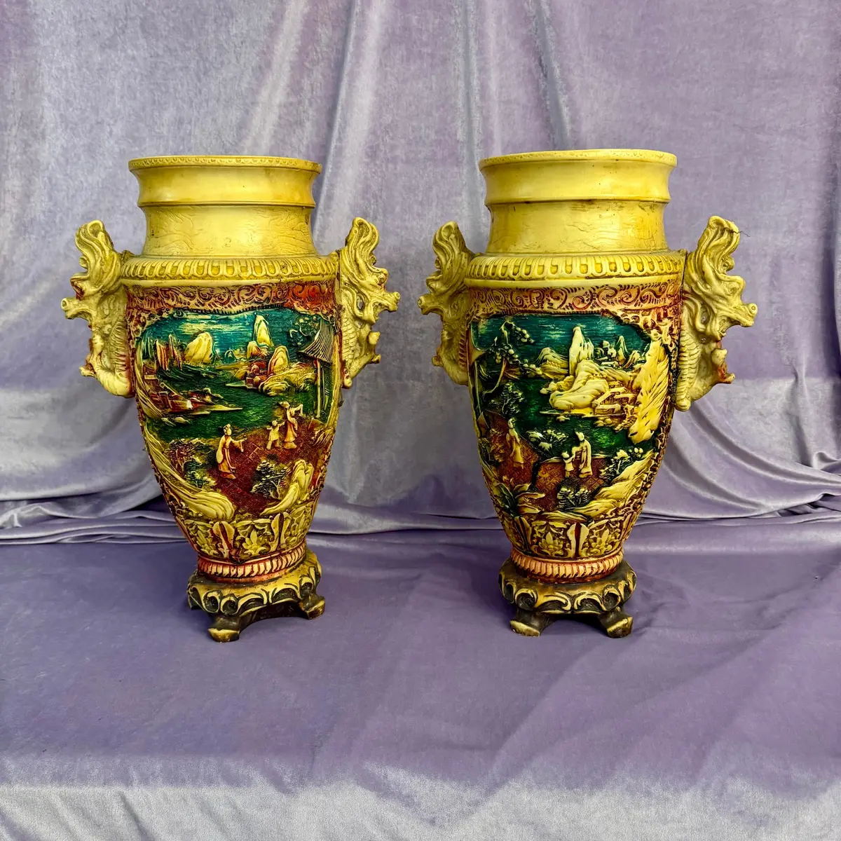 Near Pair Italian Polychrome Vases With Dragon Handles 1