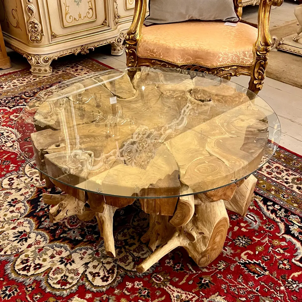 Round Organic Wooden Root System Coffee Table With Glass Top - Sold 1