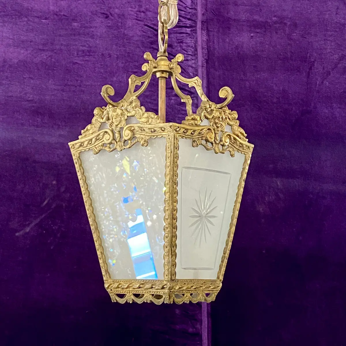 Antique Brass Lantern With Frosted Glass & Cherub Detail - Sold 1