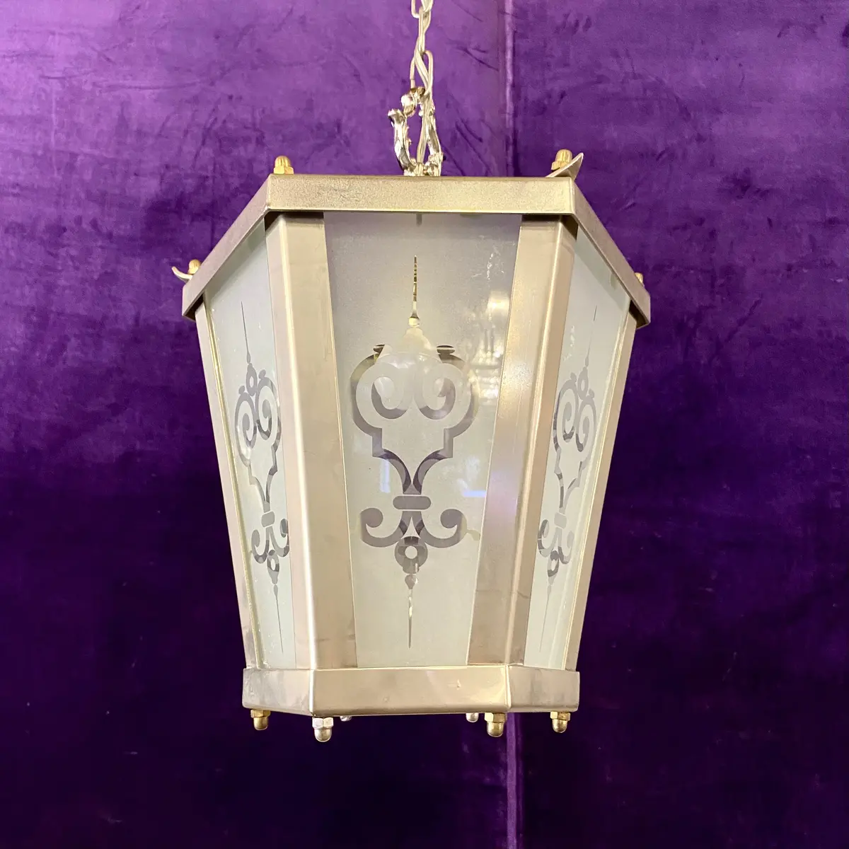 Aged Nickel And Frosted Glass With Etched Design Lantern 1