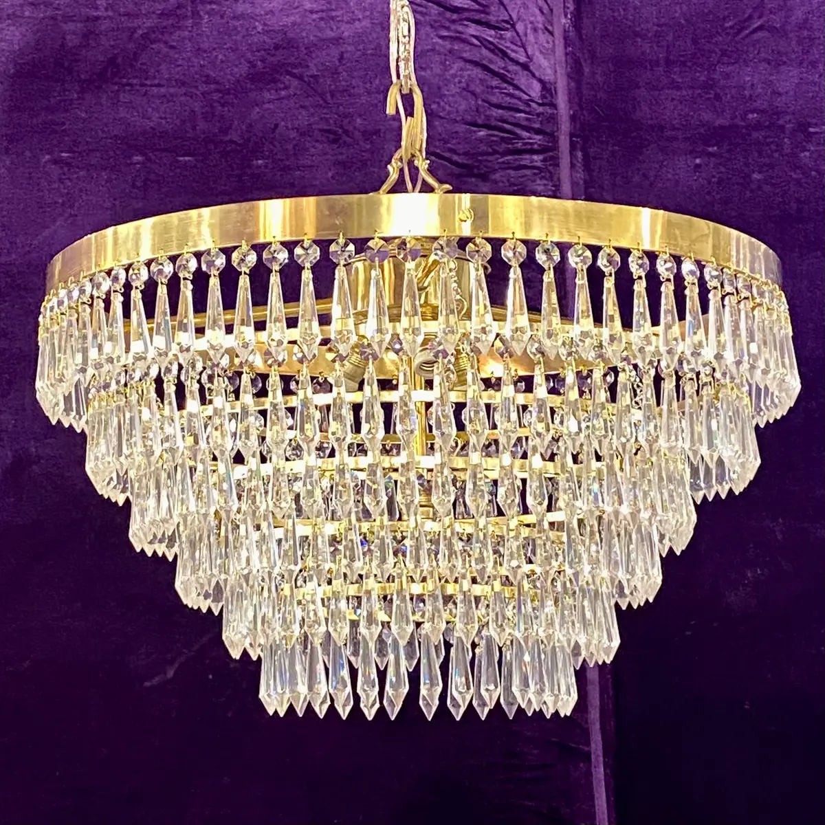 Polished Brass & Crystal Waterfall Chandelier 1