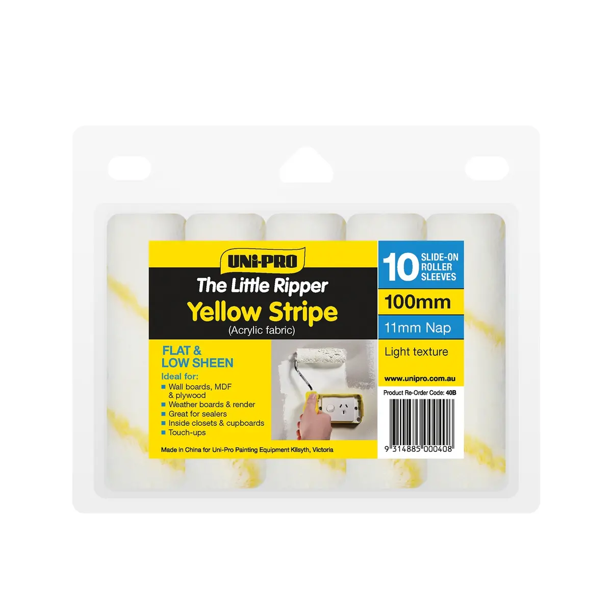 Uni-Pro Little Ripper Yellow Stripe Roller Covers 100Mm 10 Pack 11Mm Nap Paint Application 1