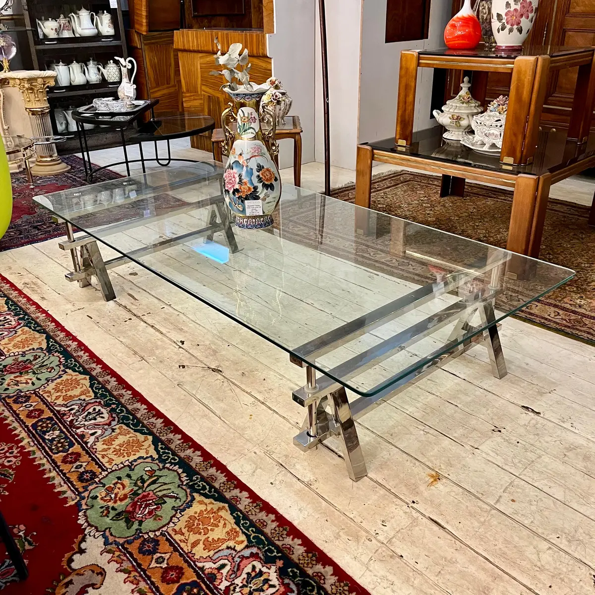 Chic Mid Century Glass And Chrome Coffee Table 1