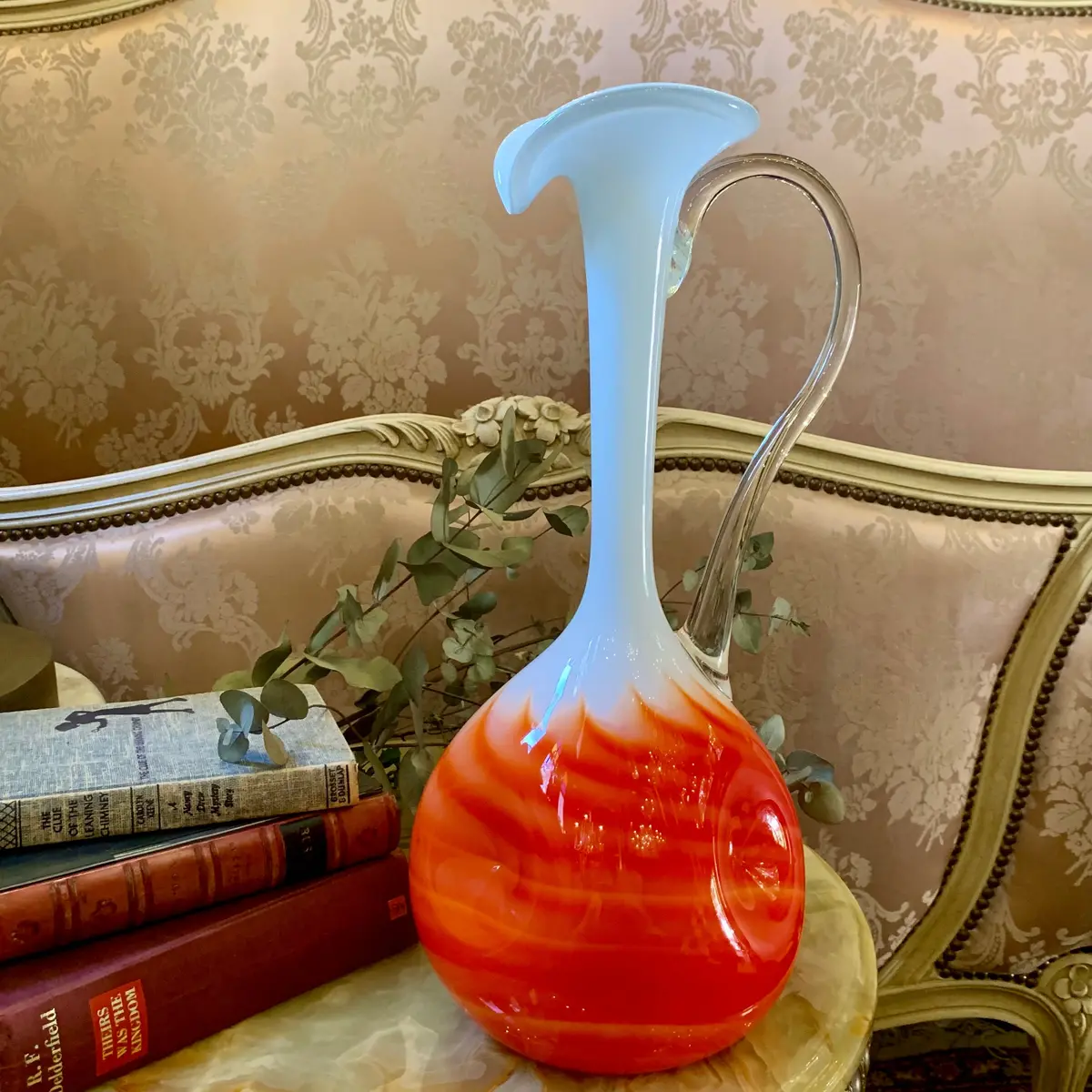 Large Orange And Milky White Murano Jug With Dimples 1