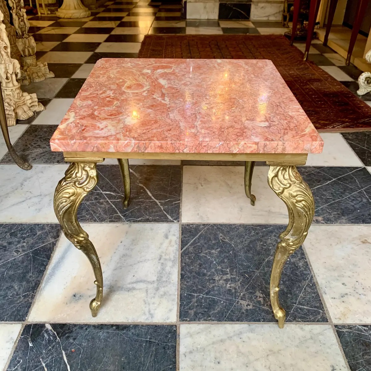 Petite And Heavy Antique Brass Table With Orange Marble Top - Sold 1