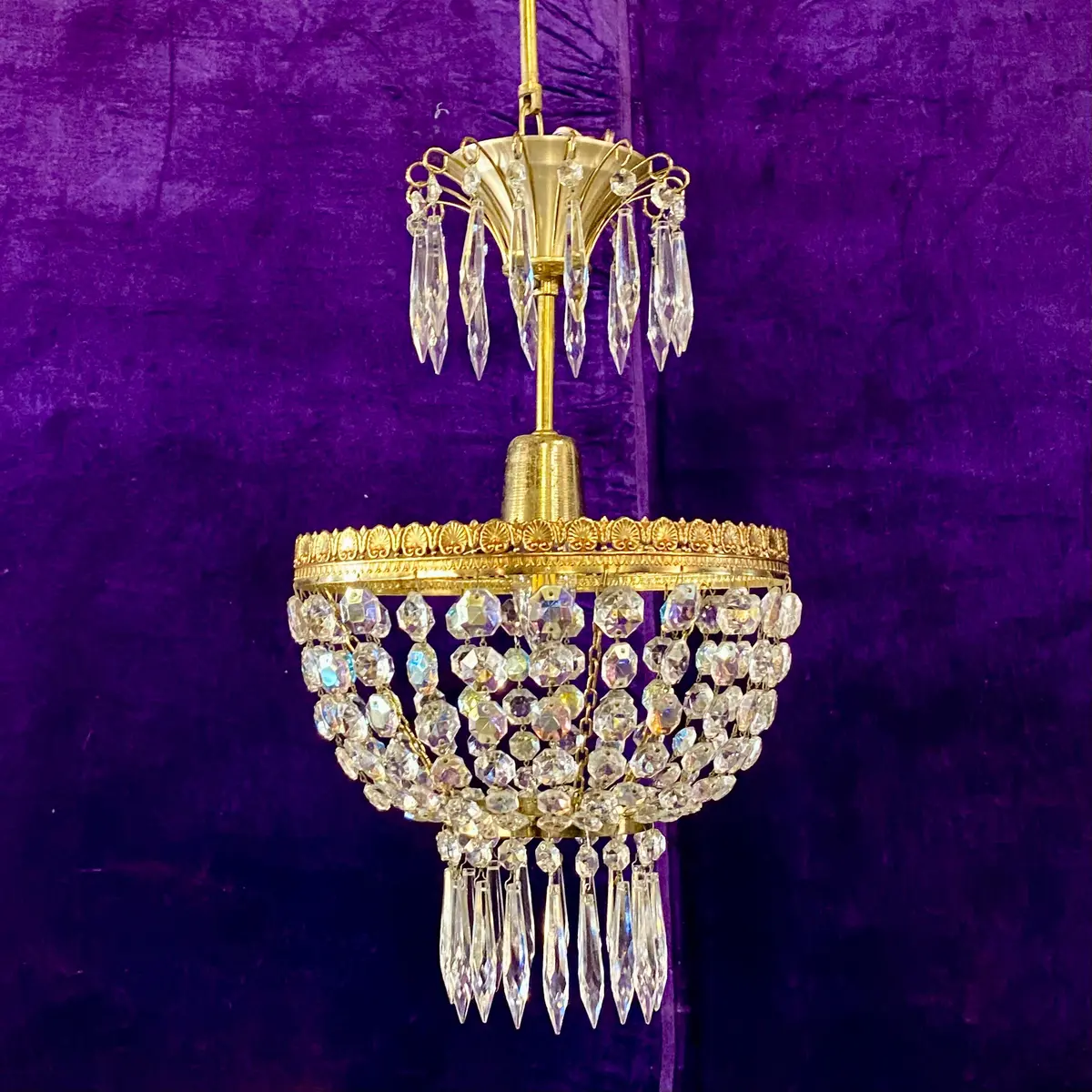 Beautiful Brass And Iridescent Crystal Basket Chandelier - Sold 1