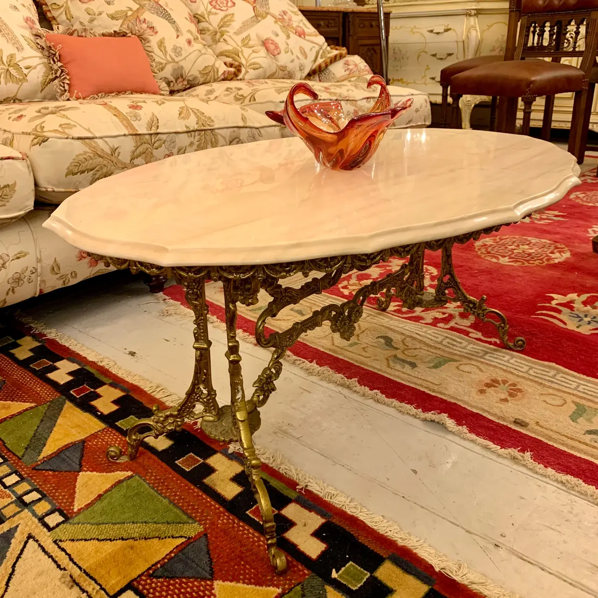 Antique Ornate Cast Brass Coffee Table With Marble Top 1
