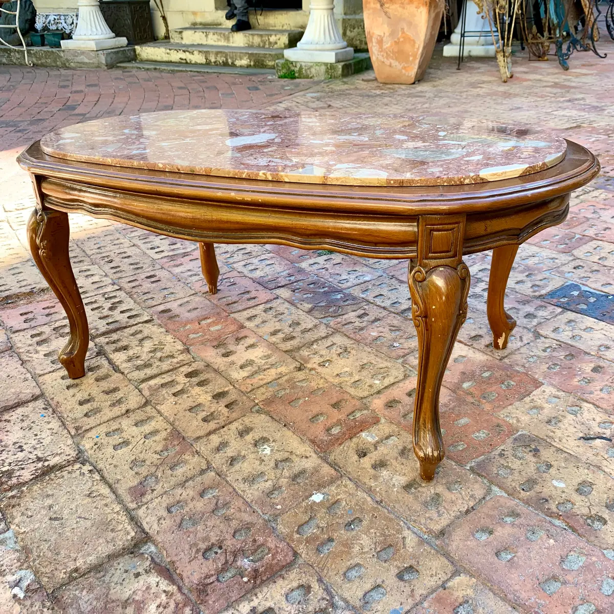 Antique Oak And Mottled Marble Oval Coffee Table 1