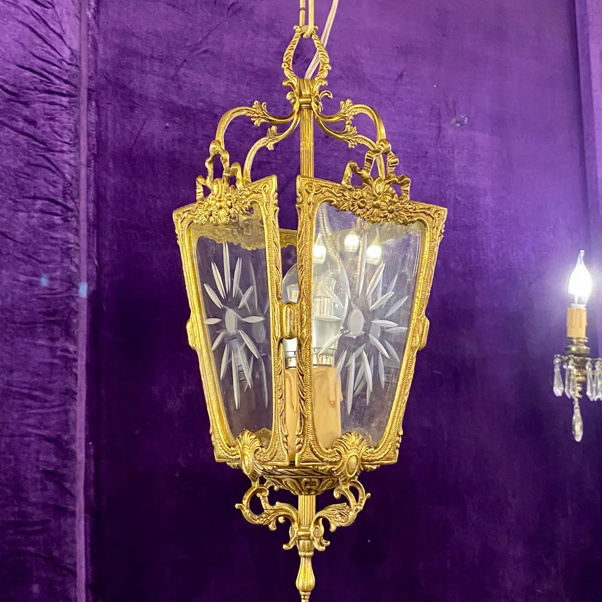 Antique Four Pane Cast Brass Lantern With Etched Glass - Sold 1