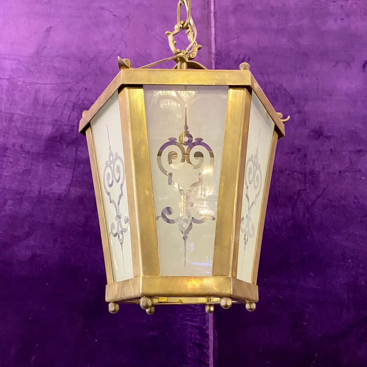 Aged Brass Lantern With Frosted, Etched Glass - Sold 1