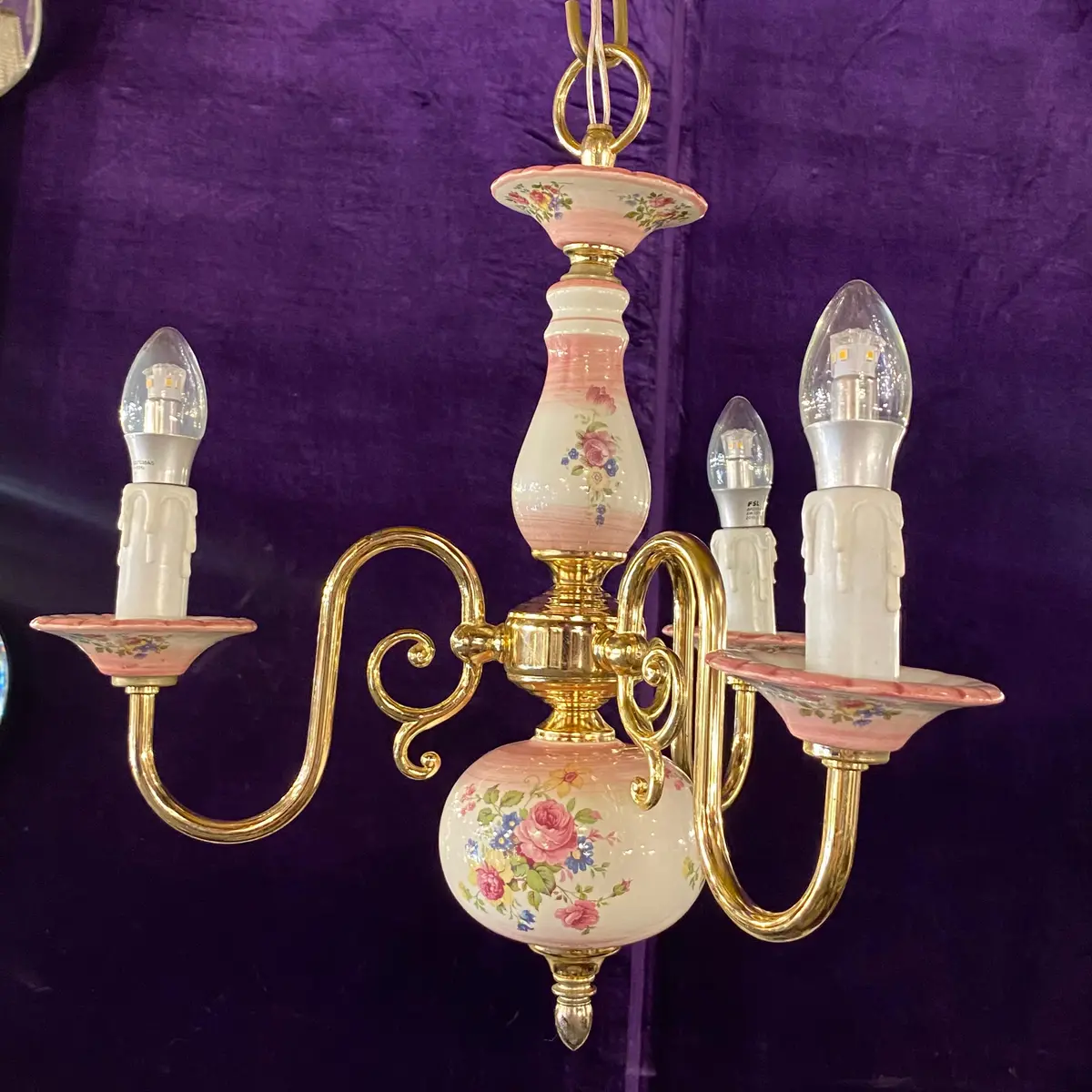 Pretty Pink Delft Brass Chandelier 1
