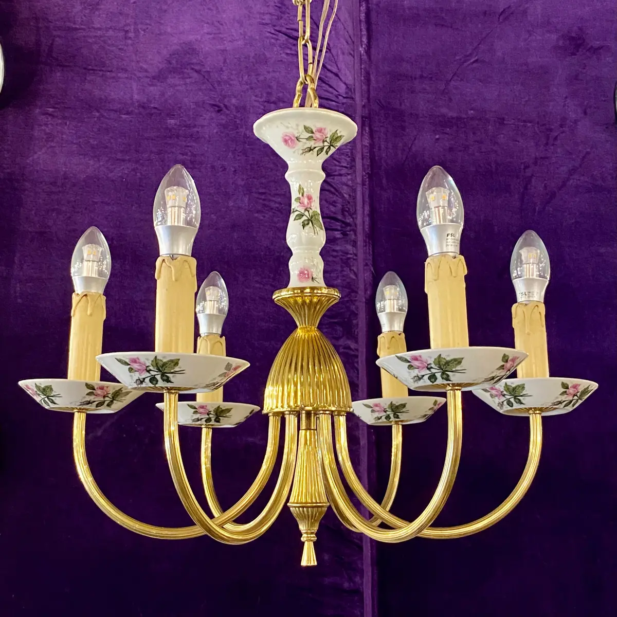 Elegant Brass Chandelier With Hand Painted Details - Sold 1