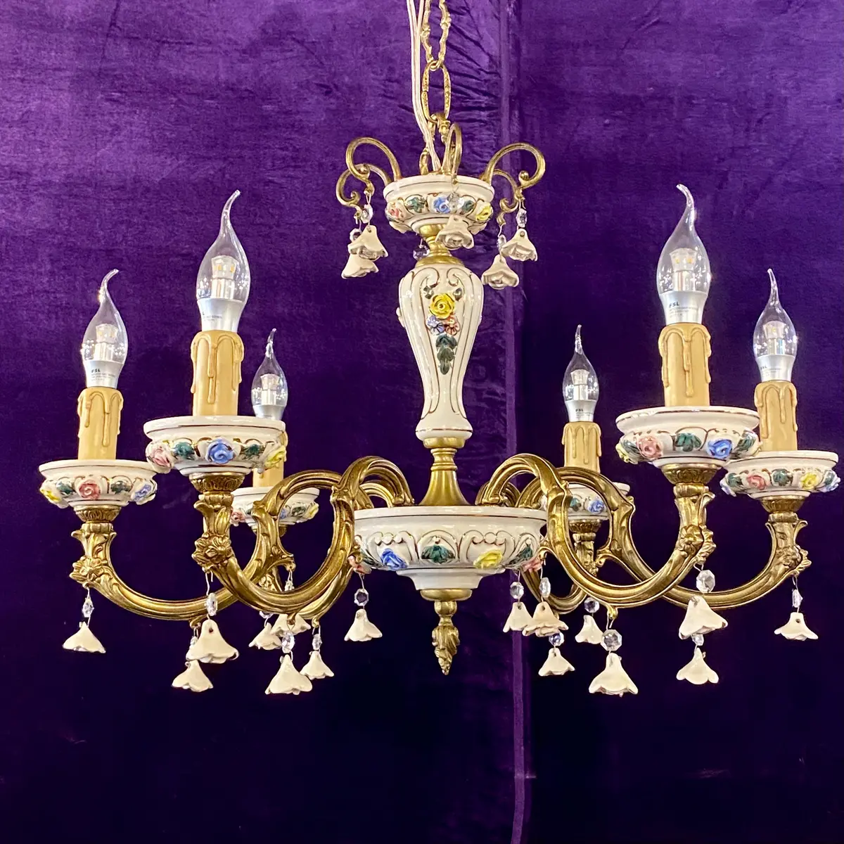 Elegant Vintage Capodimonte Chandelier With Gilt Brass Frame - Sold 1