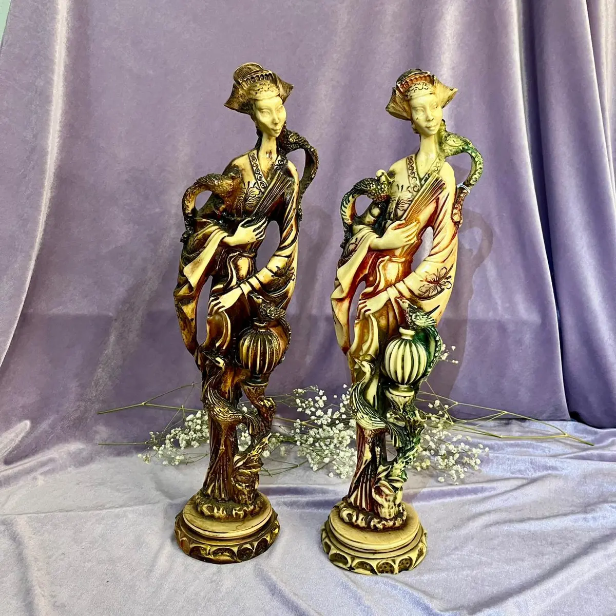 Pair Oriental Ladies With Phoenix Statues 1