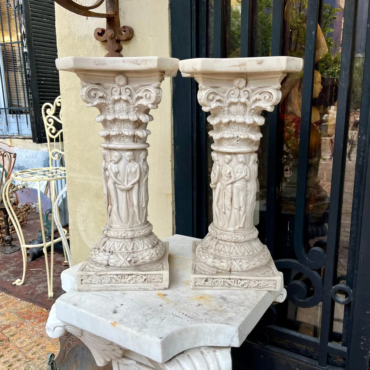 Pair Sculpted Marble Pedestals Of The Graces 1