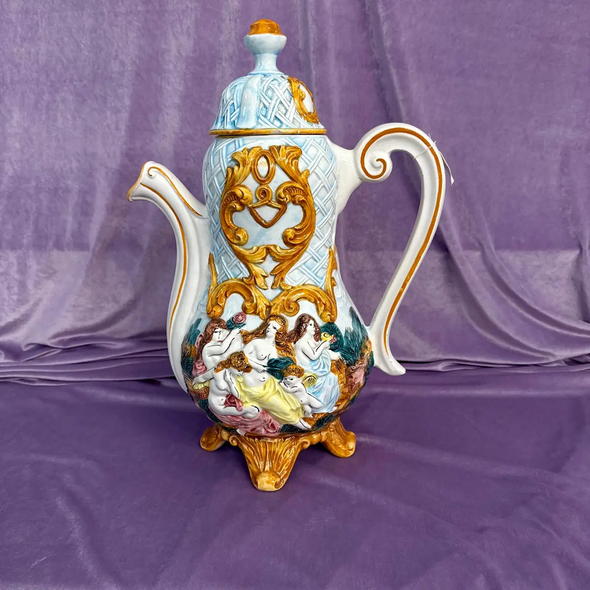 Capodimonte Tea Pot With Female And Cherub Figures 1