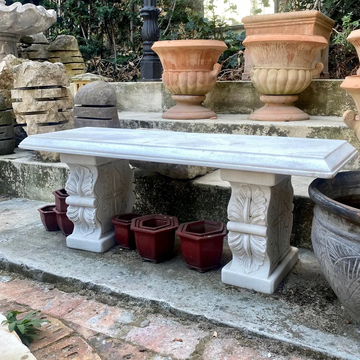 White Marble Bench With Carved Legs - Sold 1