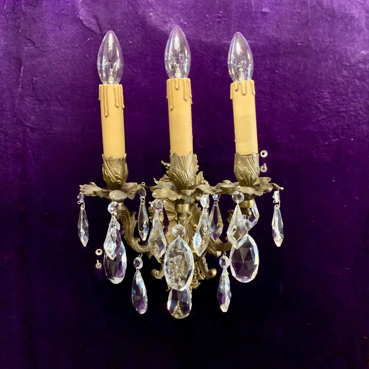 Single Antique Brass And Crystal Wall Sconce - Sold 1