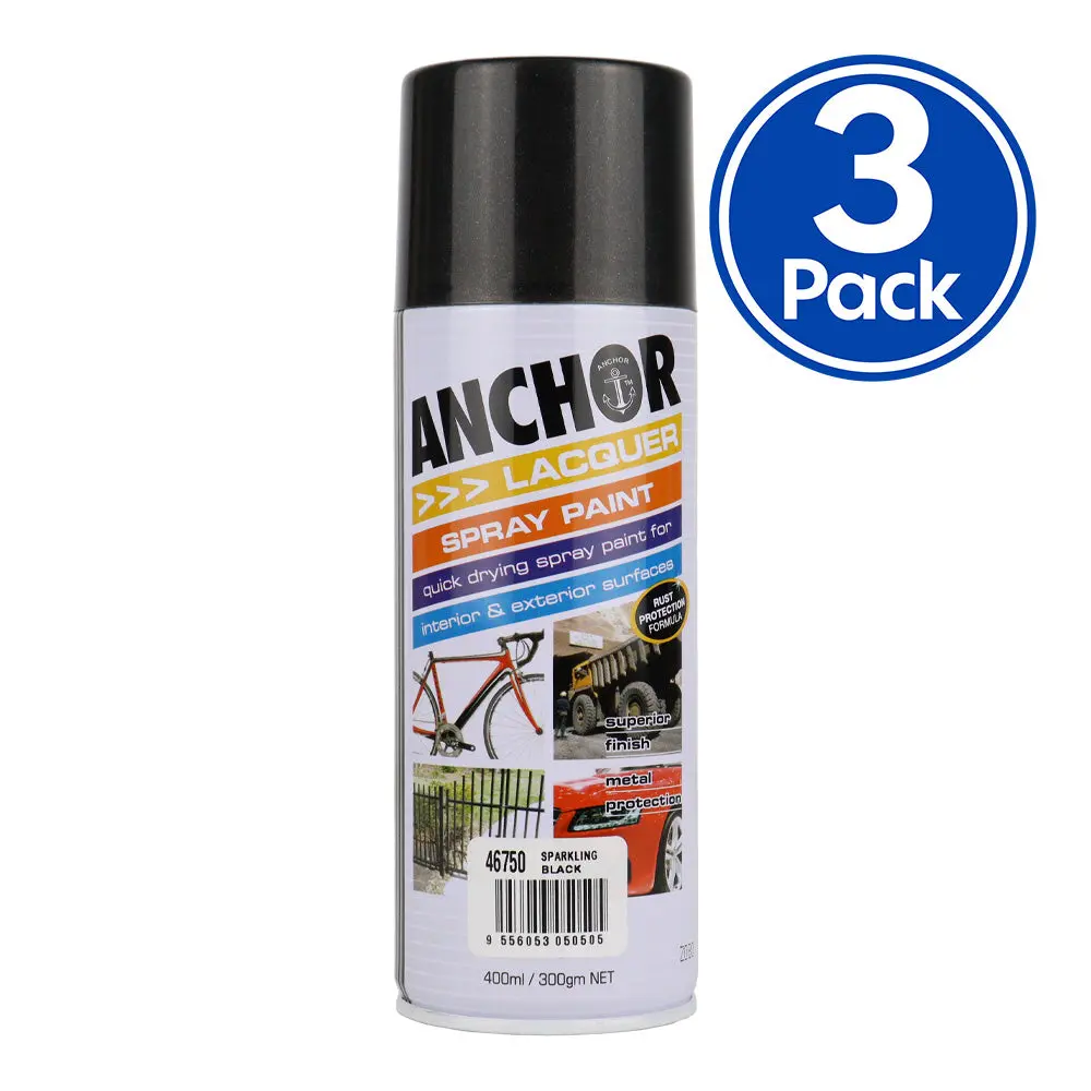 Anchor Lacquer Spray Paint Sparkling Black 300Gm Aerosol Quick Drying X 3 Pack 1
