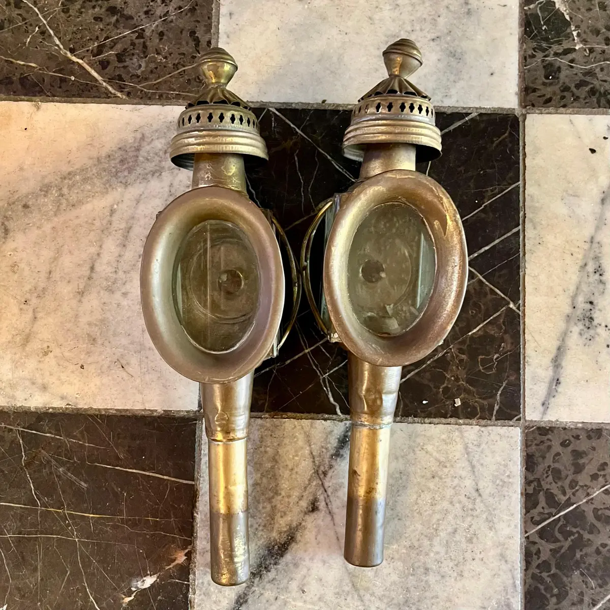 Pair Of Hand-Held Brass Lanterns With Etched Glass Panels, Late 19Th–Early 20Th Century - Sold 1