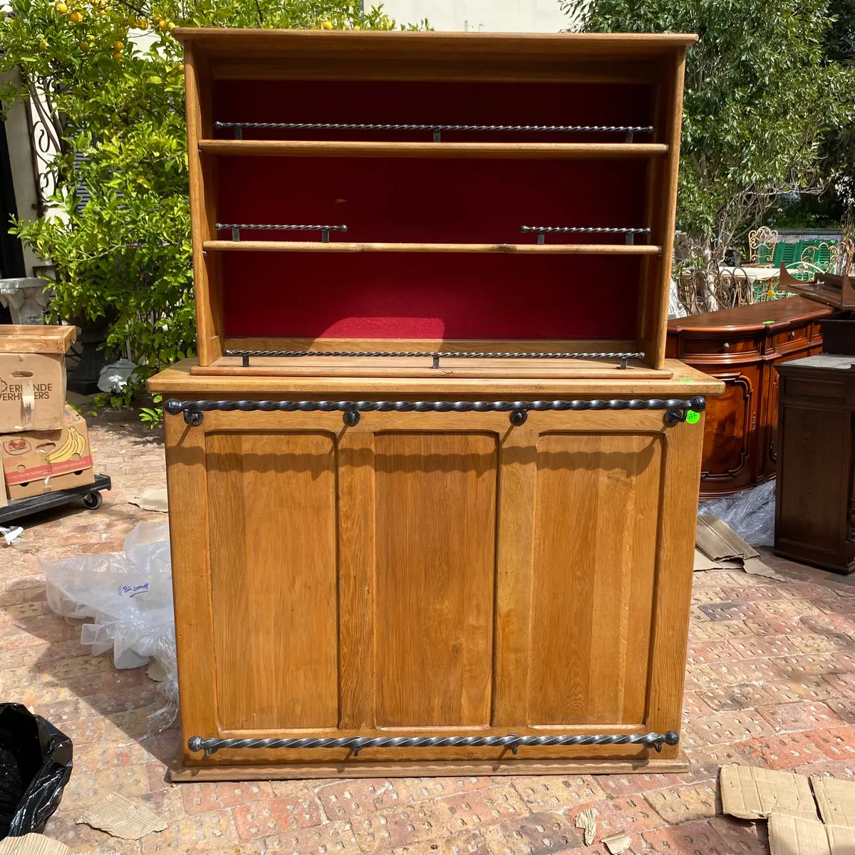 Antique Oak Bar With Wrought Iron Details 1