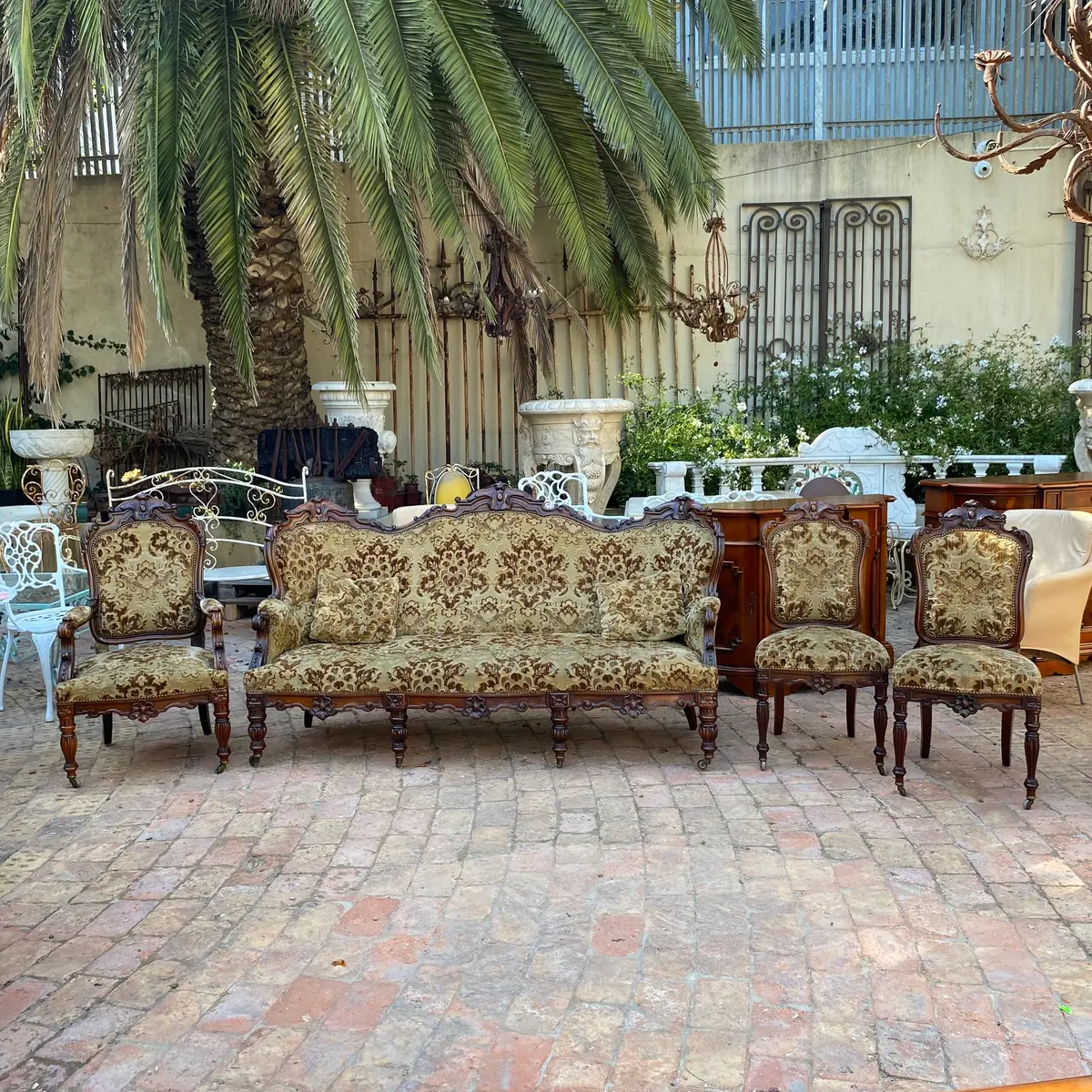 Antique Dark Wood Salon Set With Woven Upholstery 1
