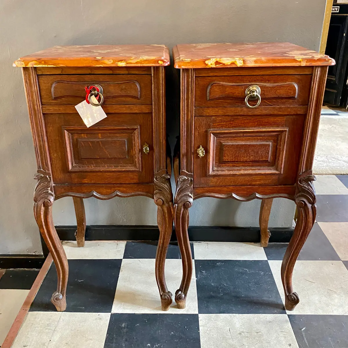 An Antique Pair Of Oak Pedestals With Red Marble Tops - Sold 1