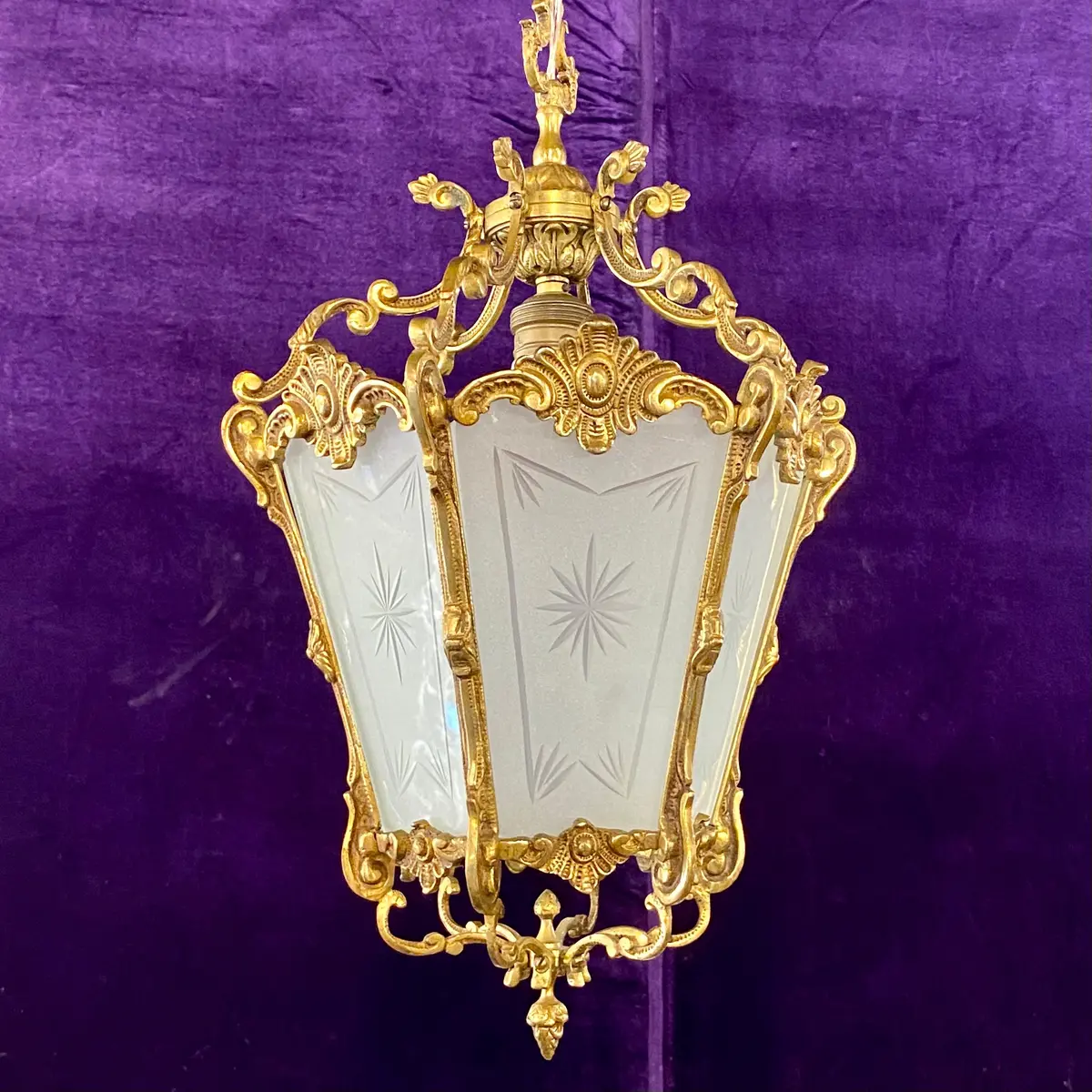 Antique Cast Brass Lantern With Frosted Etched Glass - Sold 1