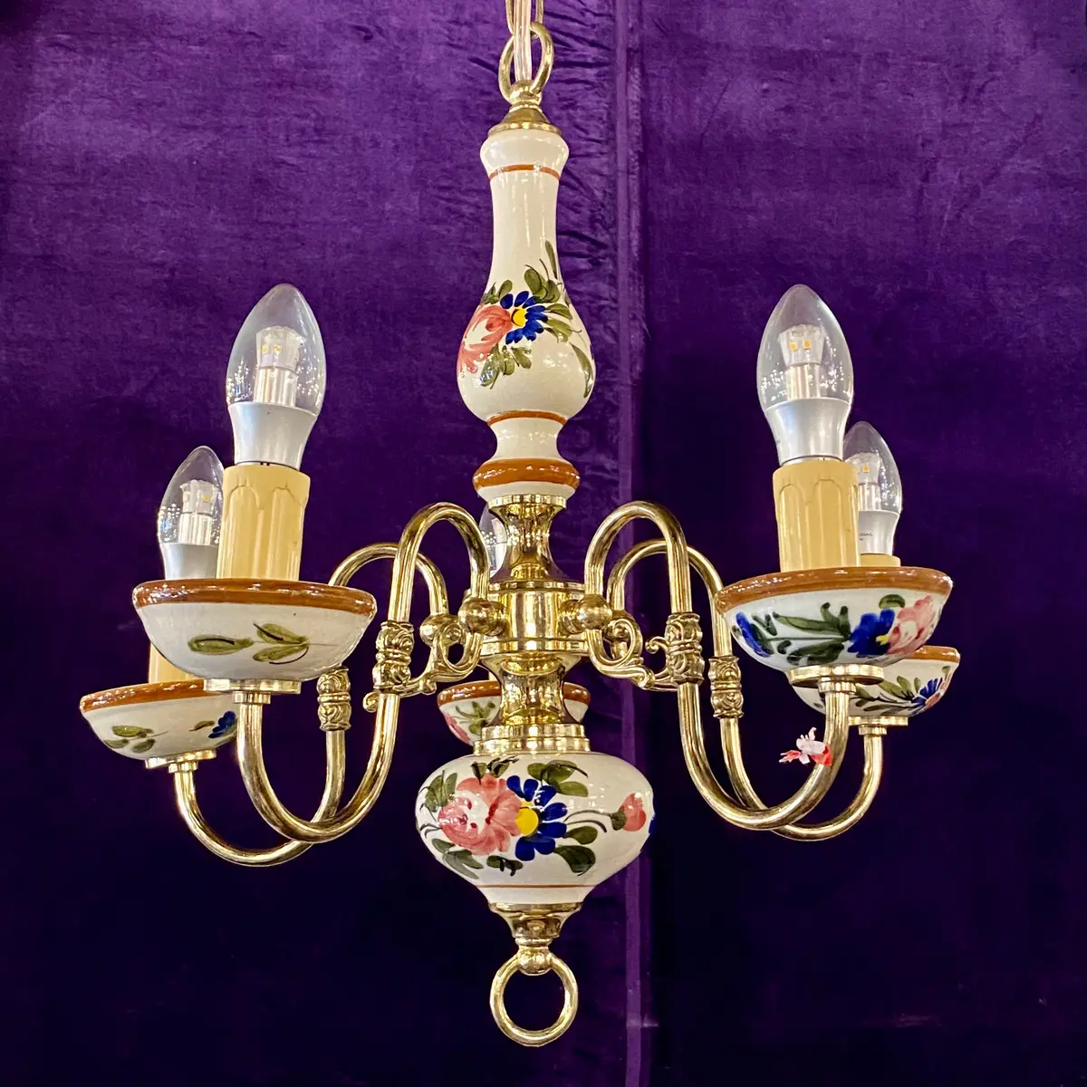Antique Delft Chandelier With Blue And Mustard Tones - Sold 1