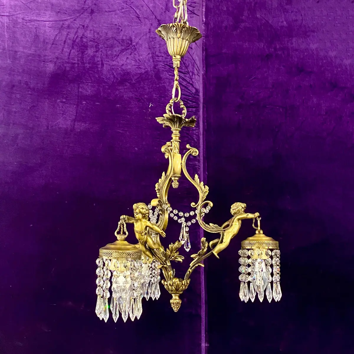 Beautiful Antique Gilt Brass And Crystal Cherub Pendant - Sold 1