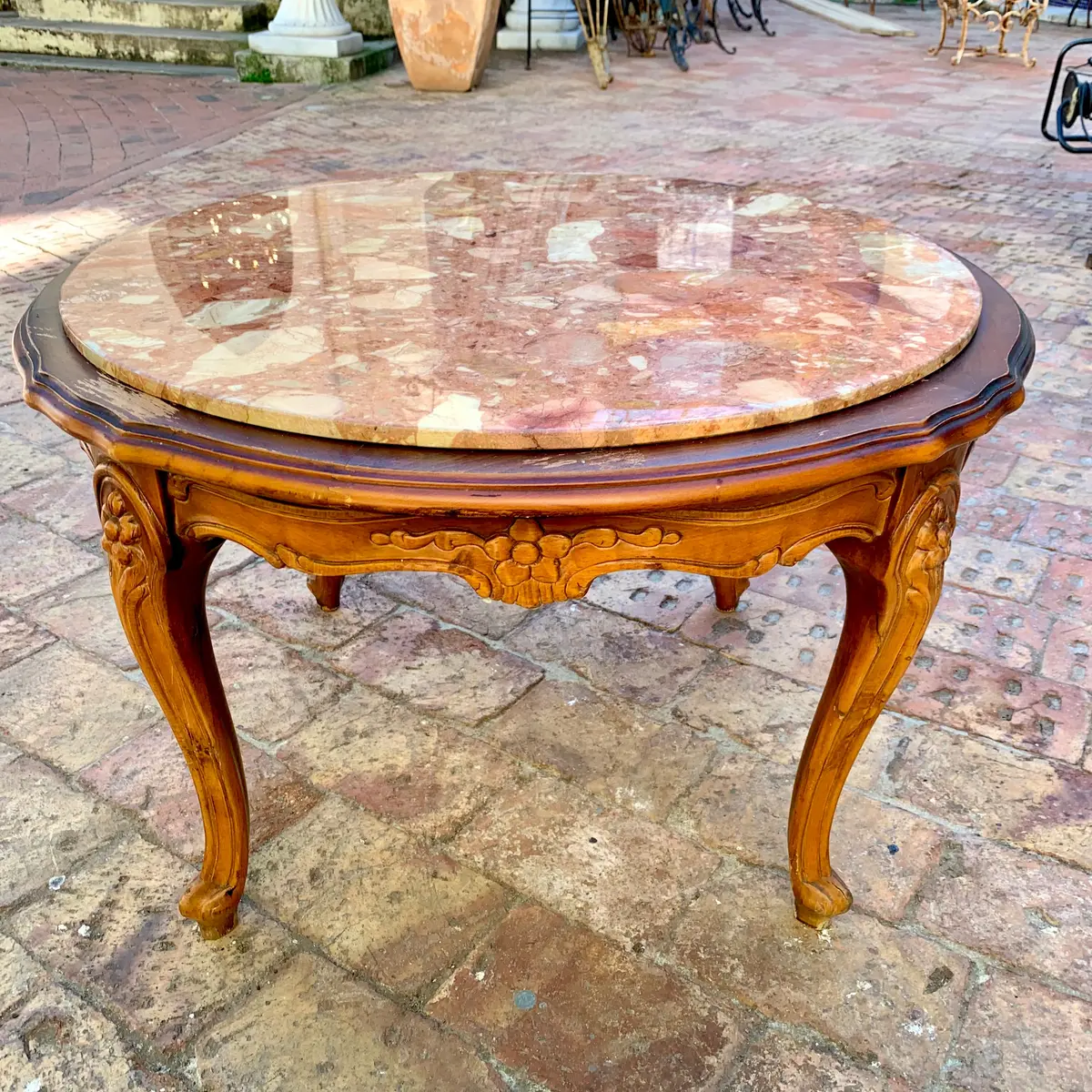 Antique Oak And Mottled Marble Round Coffee Table - Sold 1