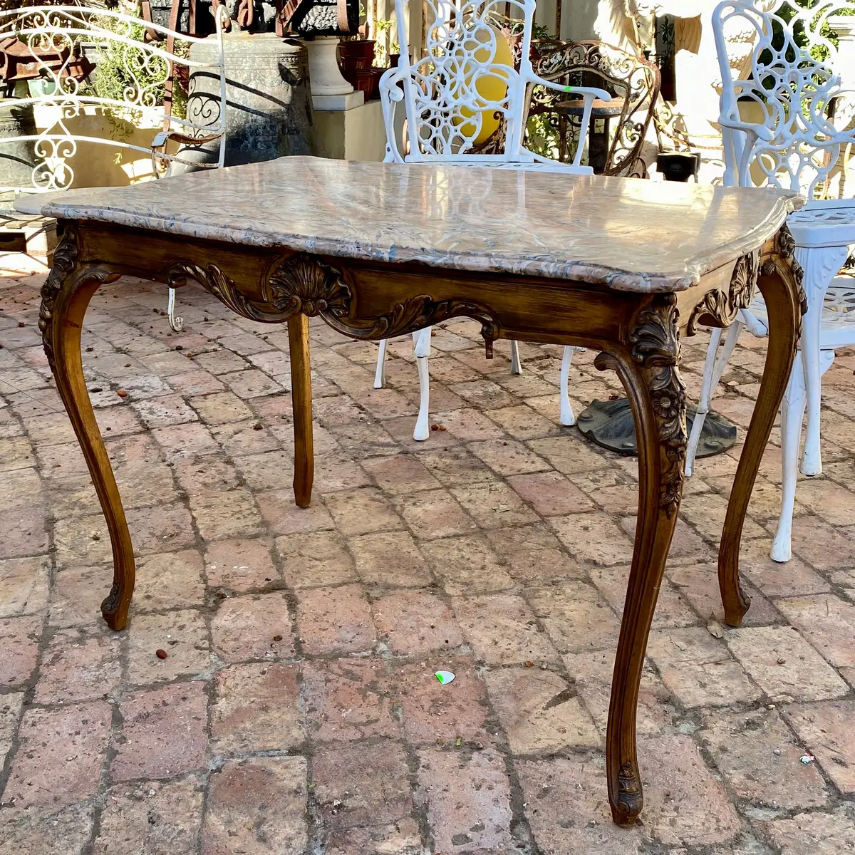 Antique French Oak Table With Beautiful Marble Table And Gold Accents 1