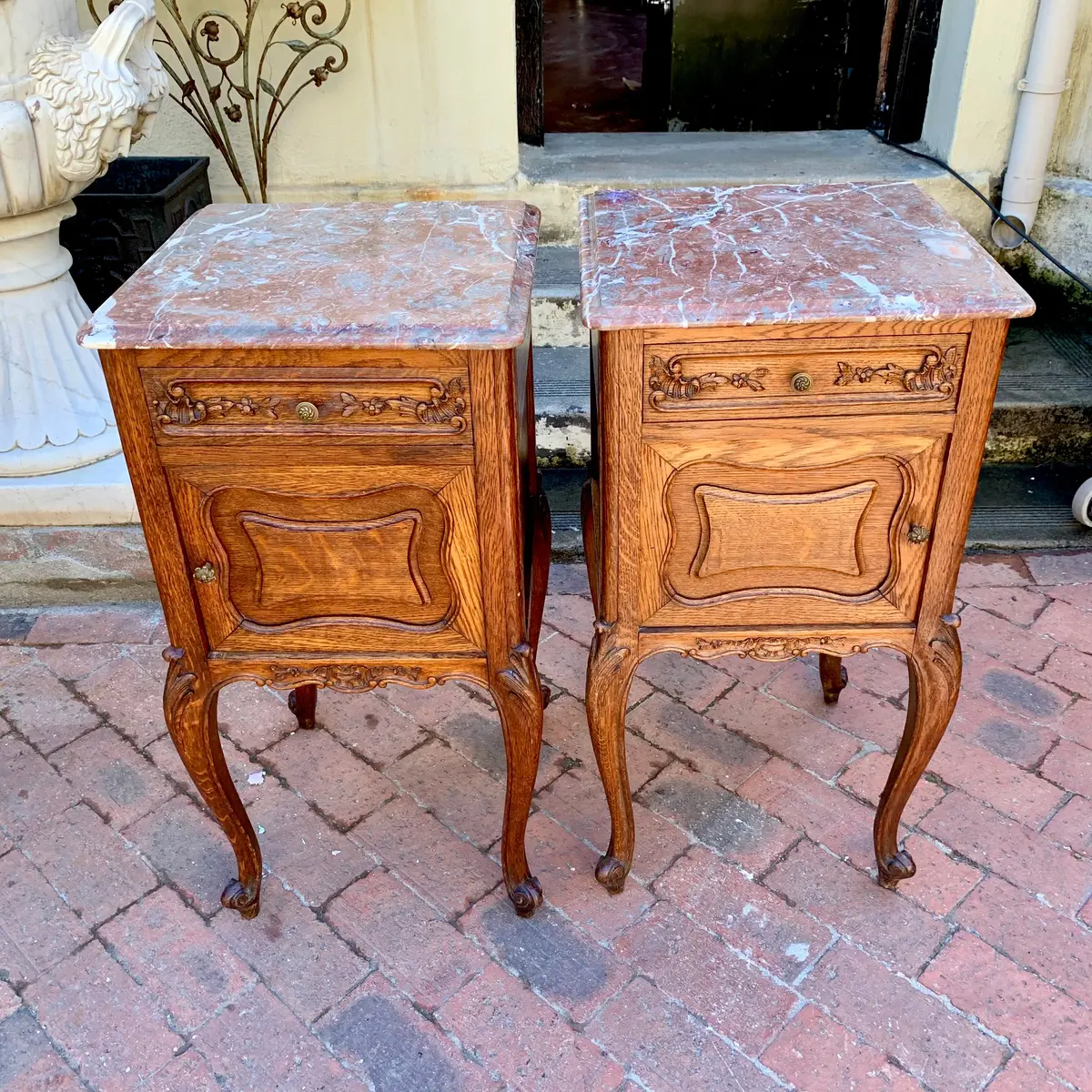 Antique French Oak Pedestals With Marble Top - Sold 1