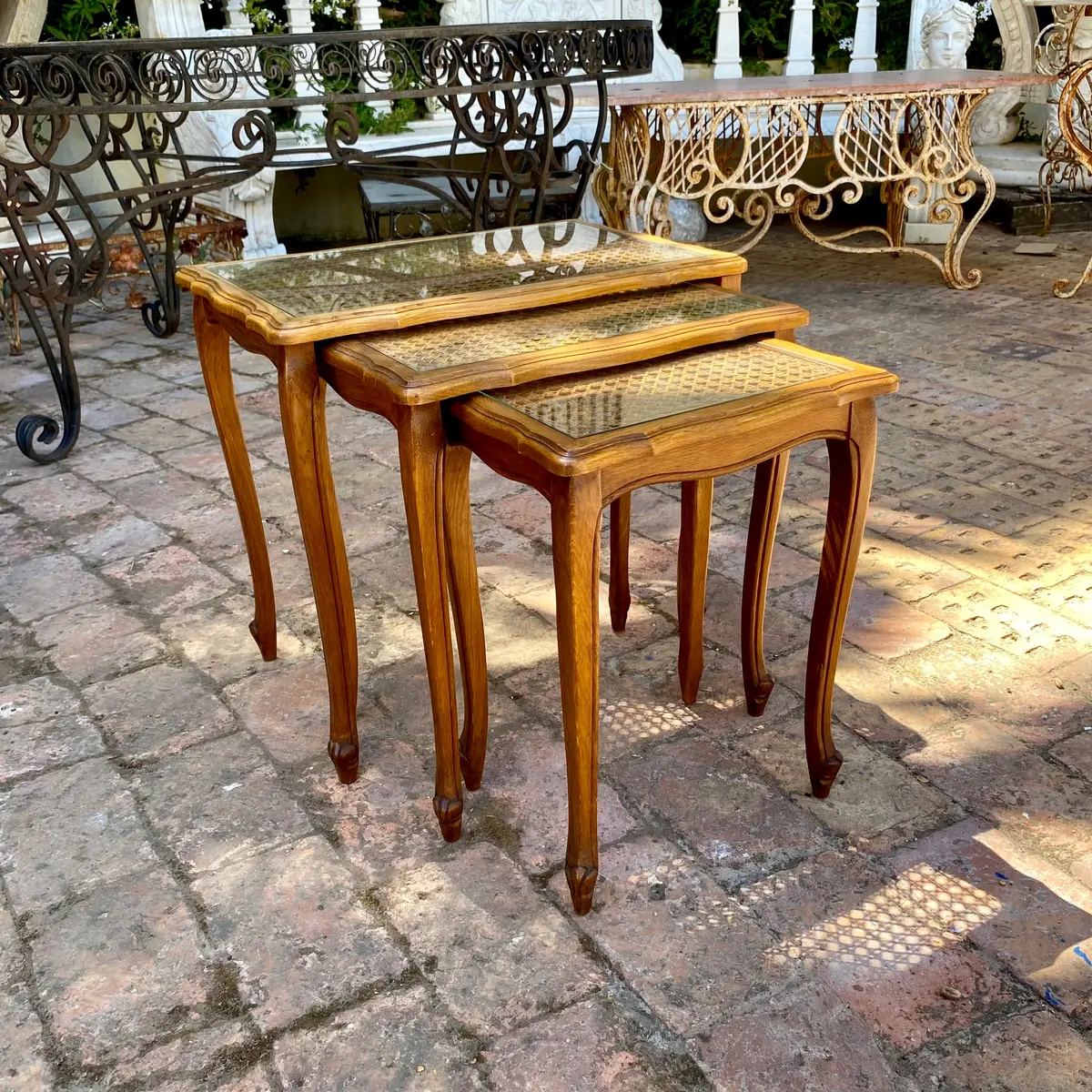 Antique Oak And Wicker Nesting Table Set 1