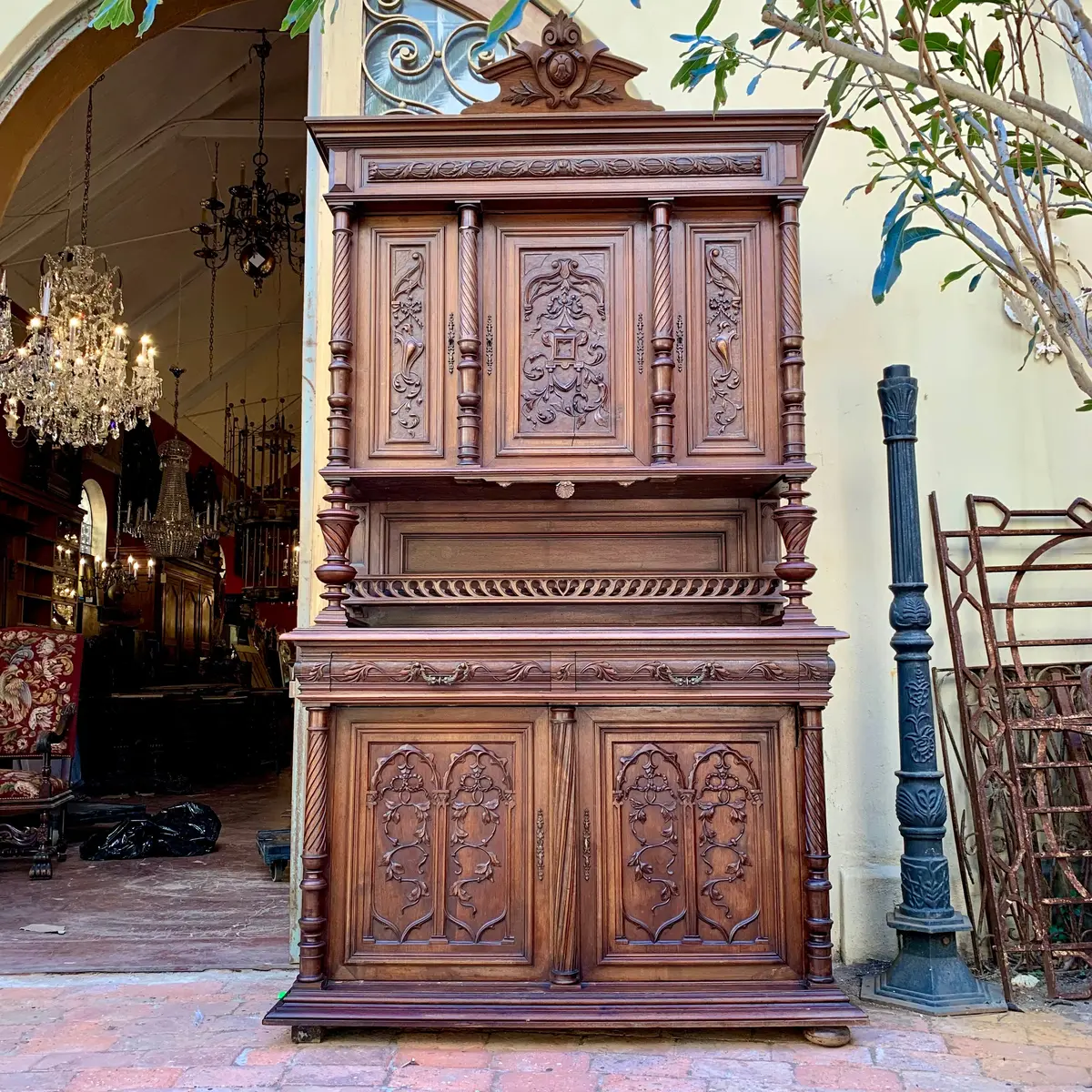 Large Antique Dark Oak French Carved Cabinet 1