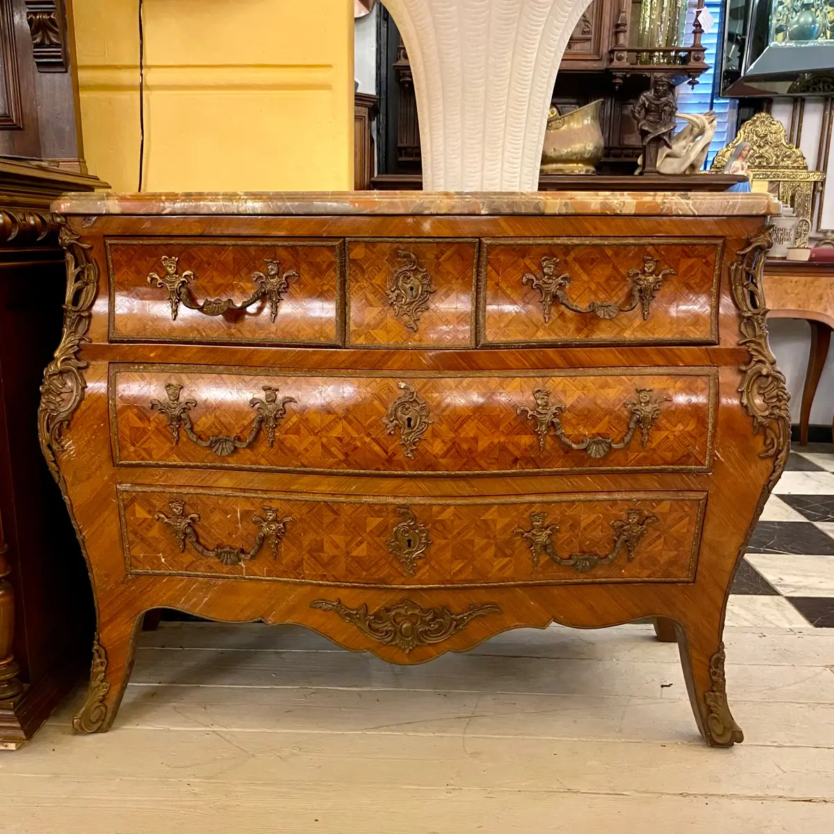 Incredible Antique Italian Bombe Chest With Inlaid Details And Ornate Castings - Sold 1