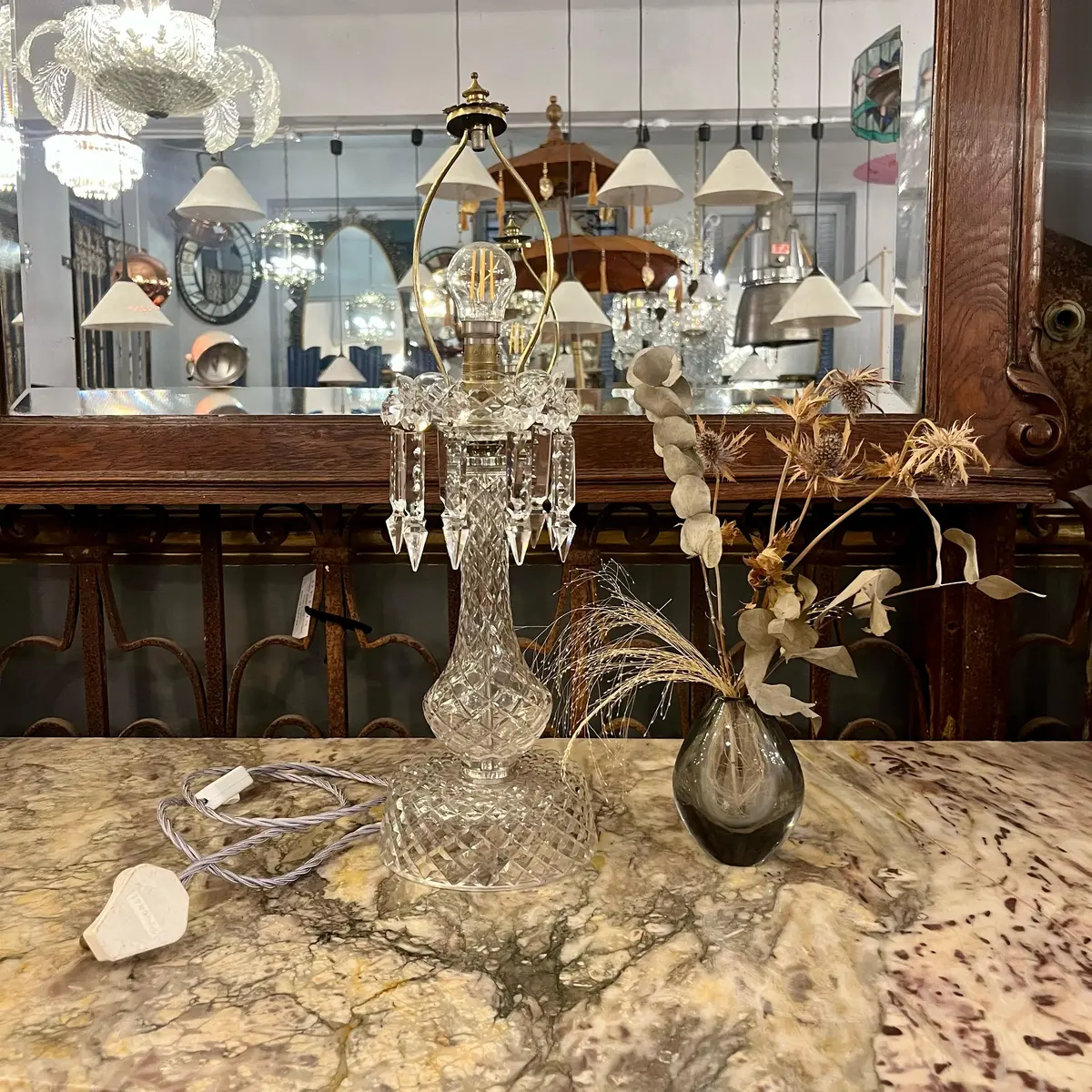 Vintage Pressed Glass Table Lamp With Spear Crystals - Sold 1