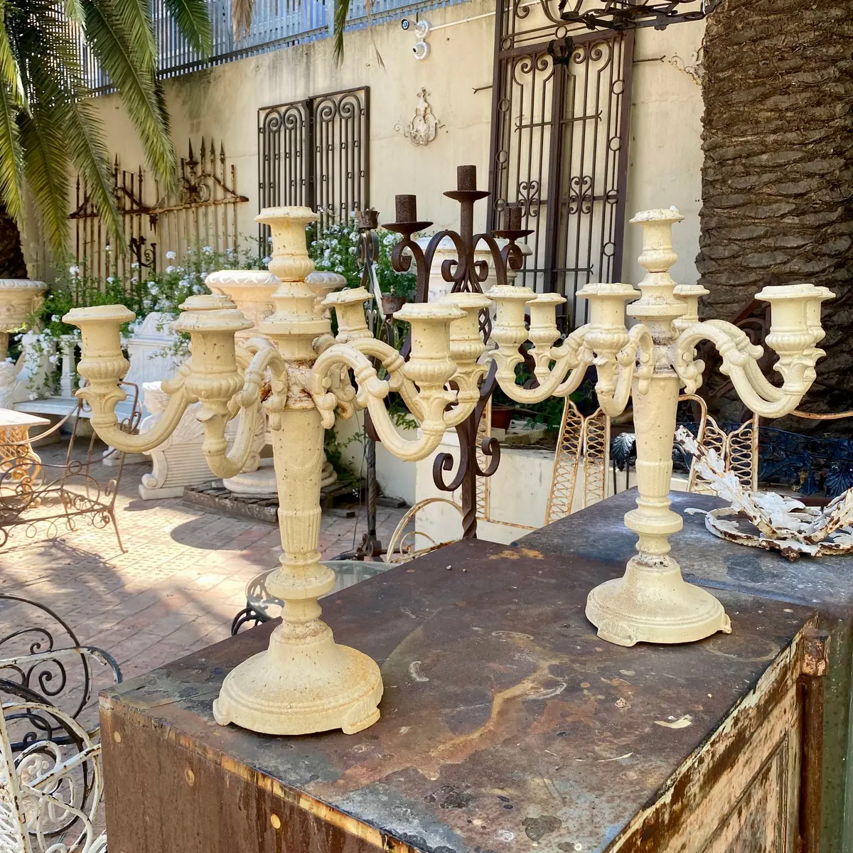 Pair Of Heavy Cream Cast Iron Candelabras - Sold 1
