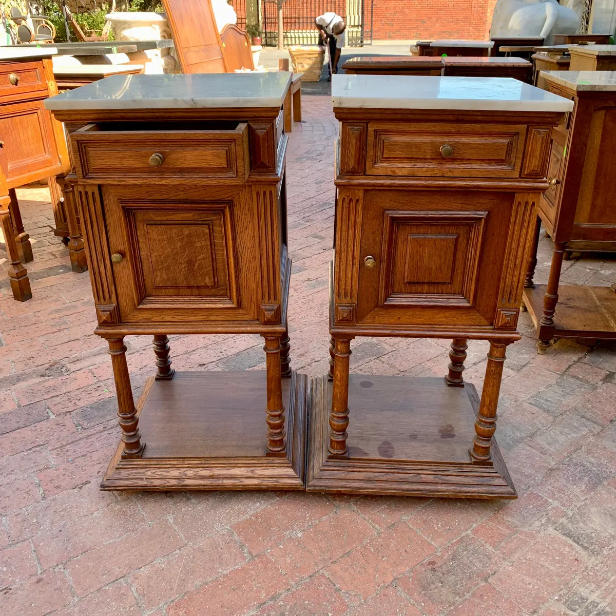 French Oak Bedside Pedestals With Marble Tops - Sold 1