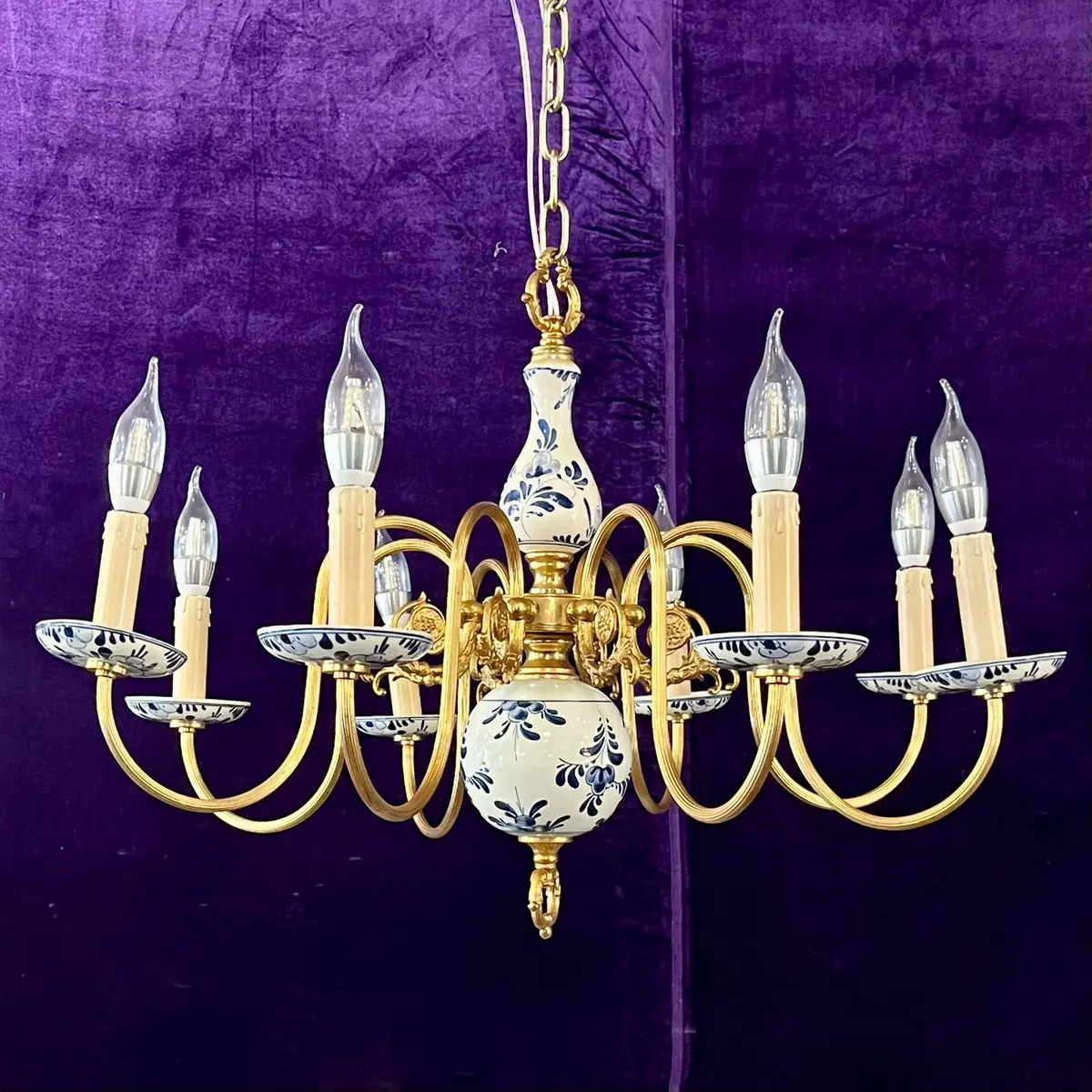 Flemish Eight-Arm Brass Chandelier With Delft Ceramics, Belgium, Mid-20Th Century 1