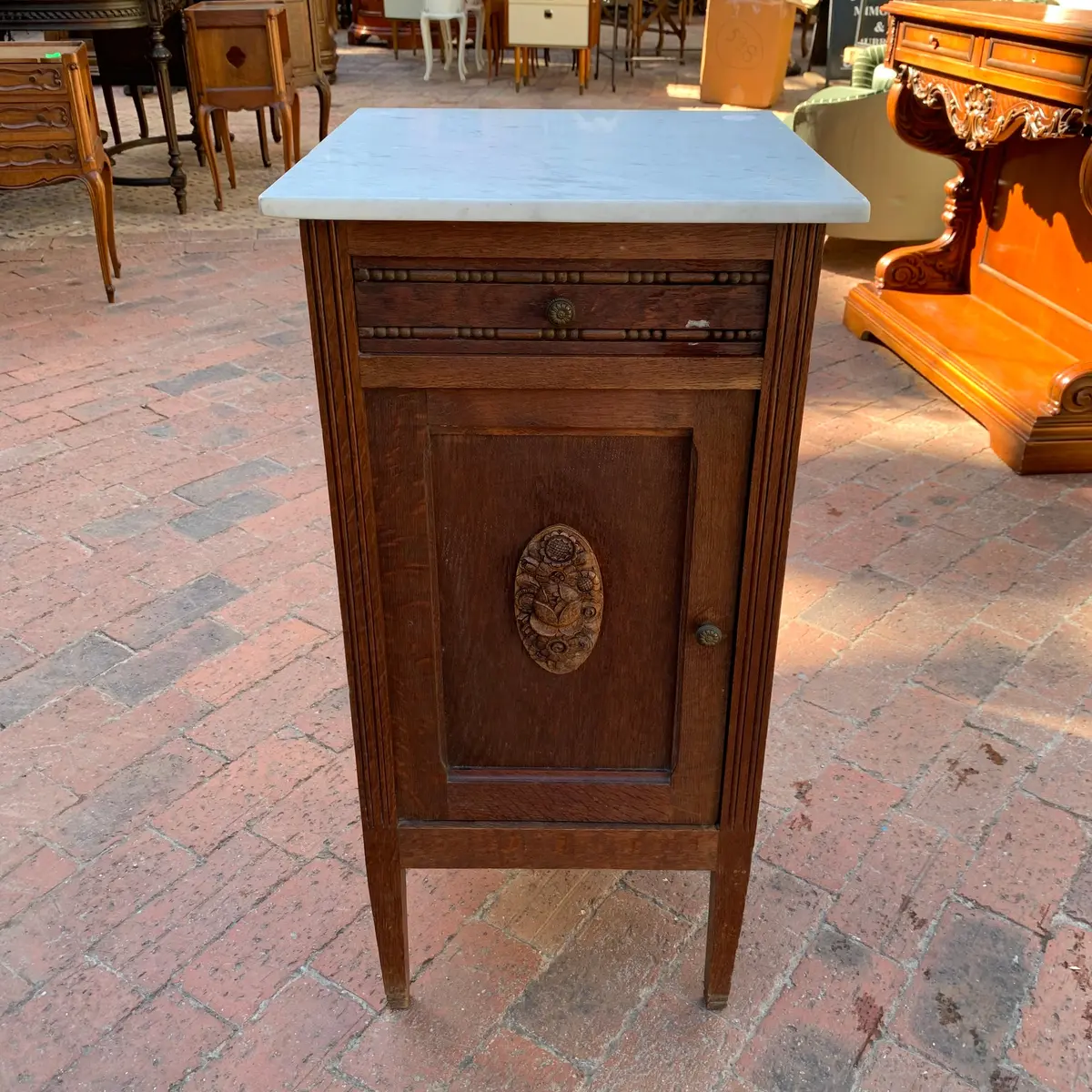 Antique Carved Oak Single Pedestal With Marble Top - Sold 1