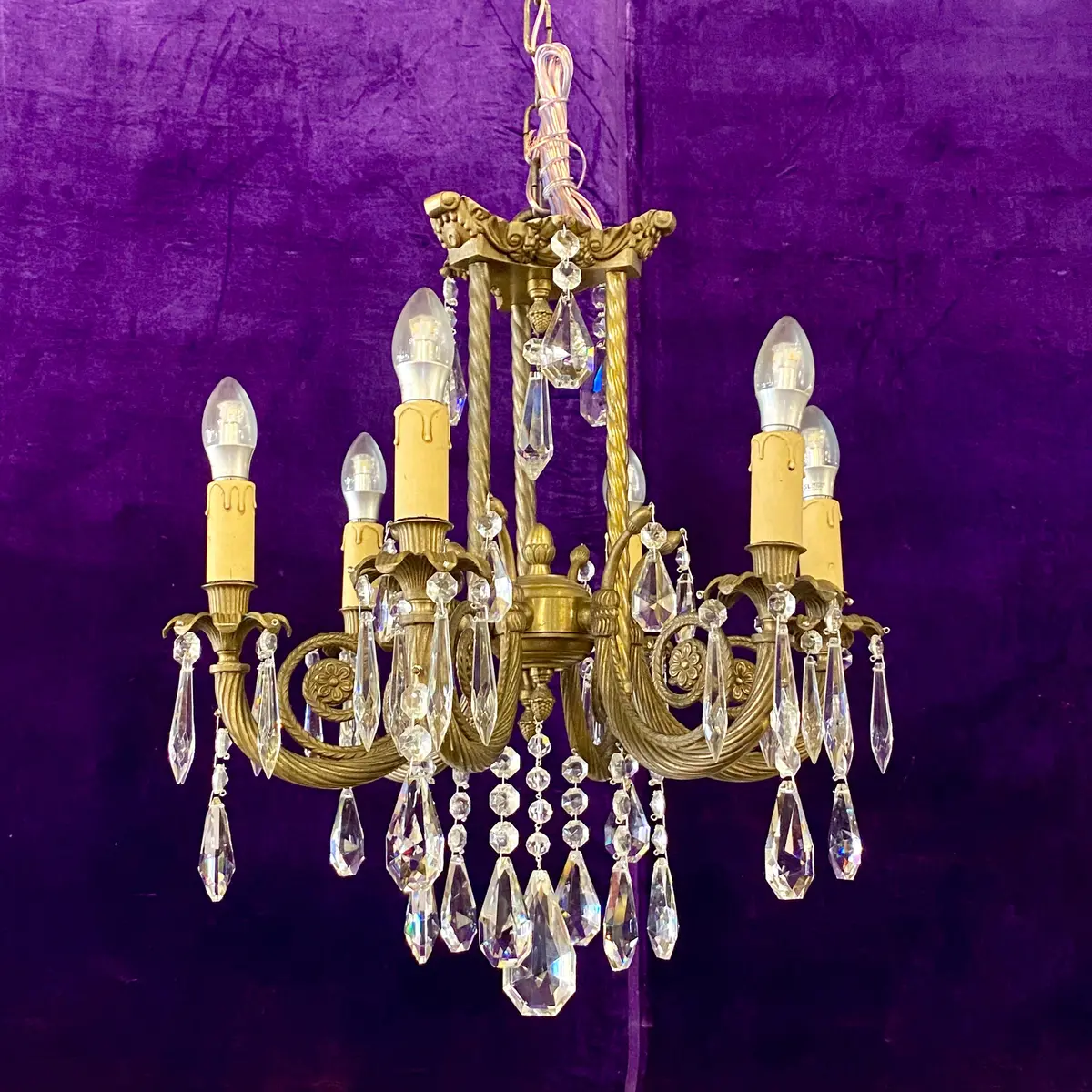 Stylish Antique Brass And Crystal Chandelier - Sold 1