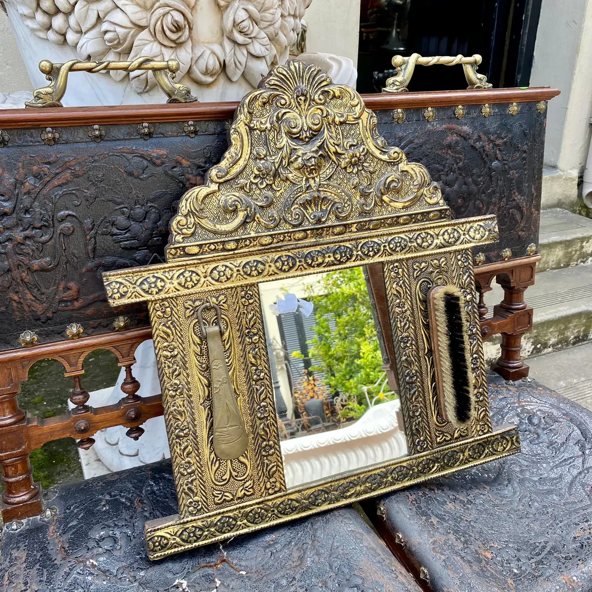 Antique Cast Brass Shoe Polishing Mirror 1