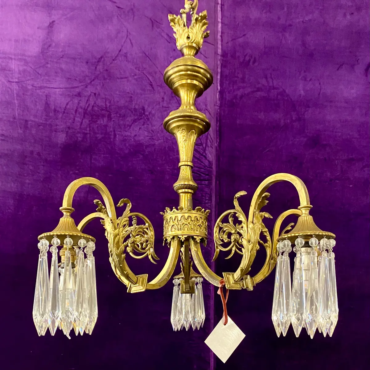 Antique Victorian Brass Chandelier With Spear Crystals - Sold 1
