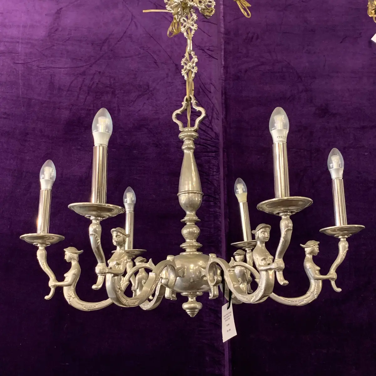 Antique Flemish Polished Nickel Chandelier With Mermen Detail - Sold 2