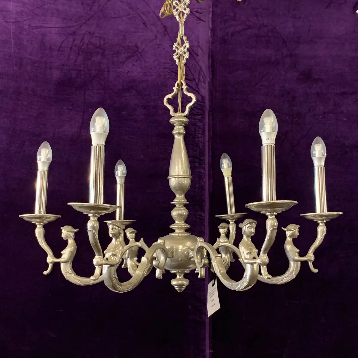Antique Flemish Polished Nickel Chandelier With Mermen Detail - Sold 1