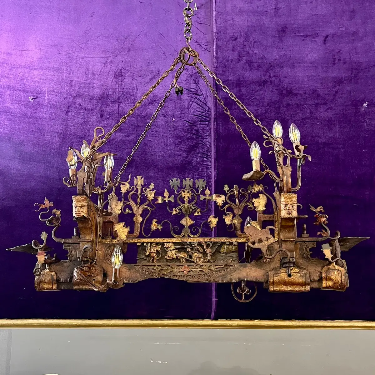 Medieval Style Timber And Forged Iron Figural Chandelier 1