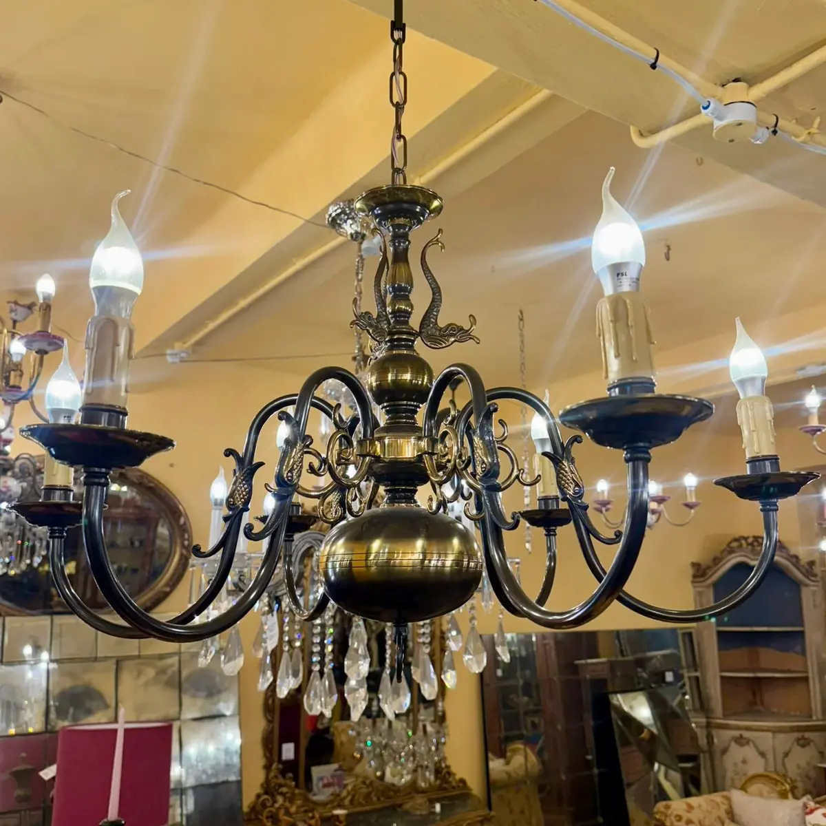 Antique Flemish Brass Eight-Light Chandelier With Lacquered Finish 1