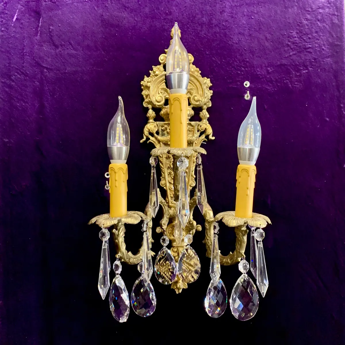Antique Three Arm Brass And Crystal Wall Sconce - Sold 1