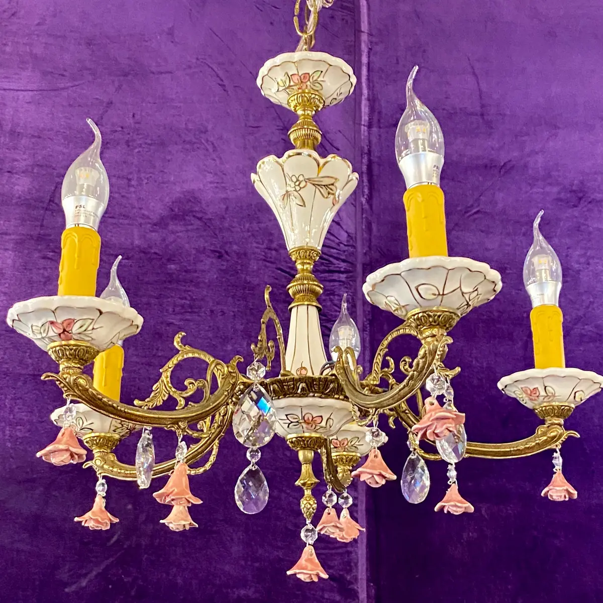 Vintage Capodimonte Chandelier With Gilt Brass Frame - Sold 1